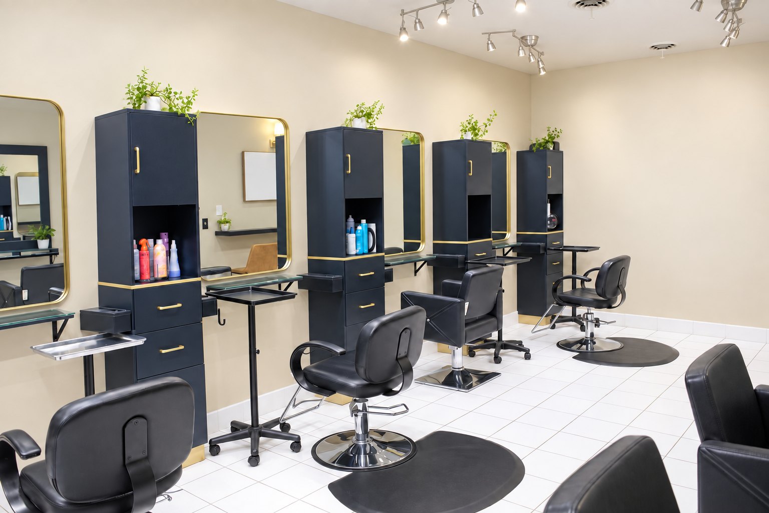 The back room, a row of navy styling stations with gold mirrors