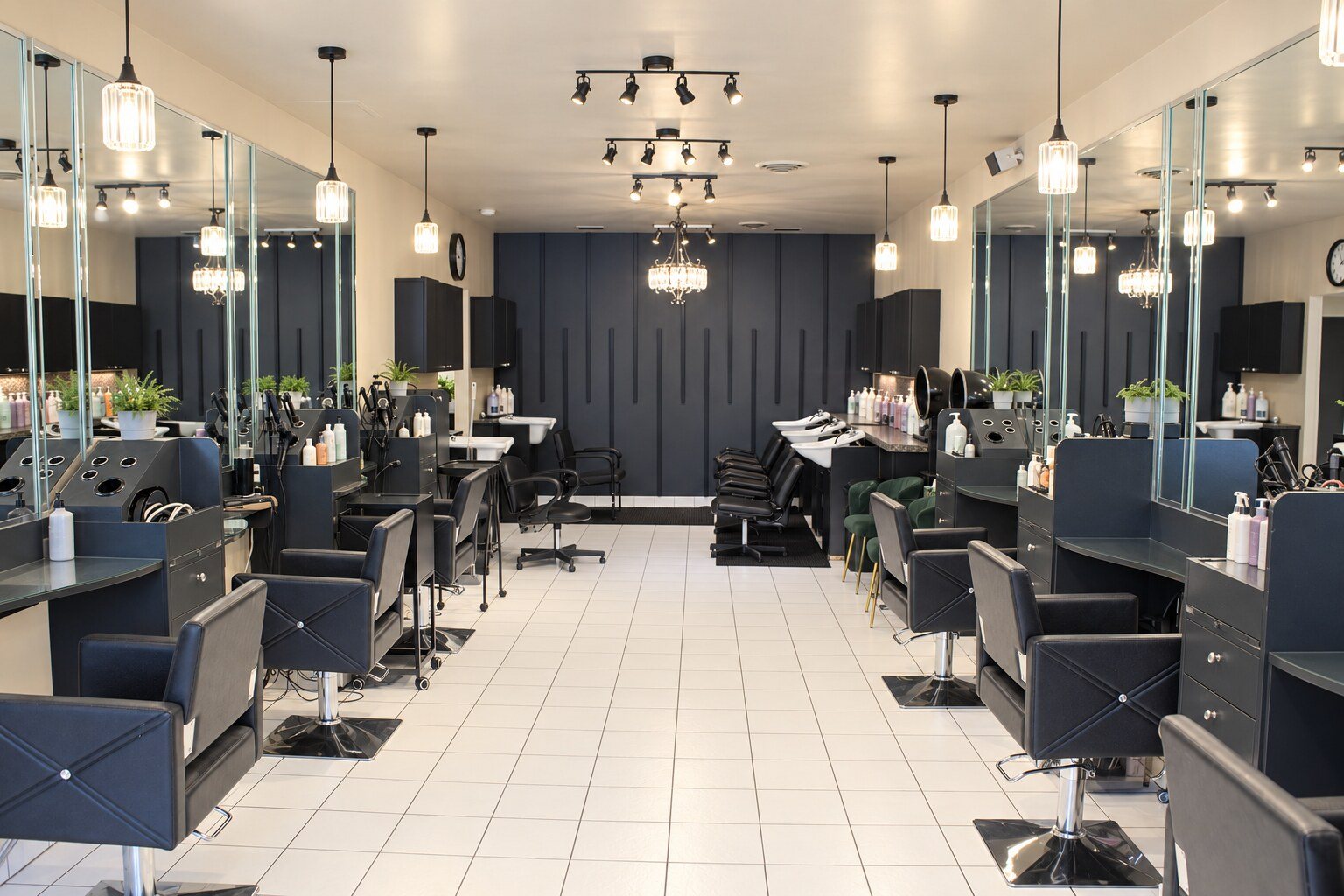 The main floor at Hair, Inc., a long row of styling chairs under pendant lights
