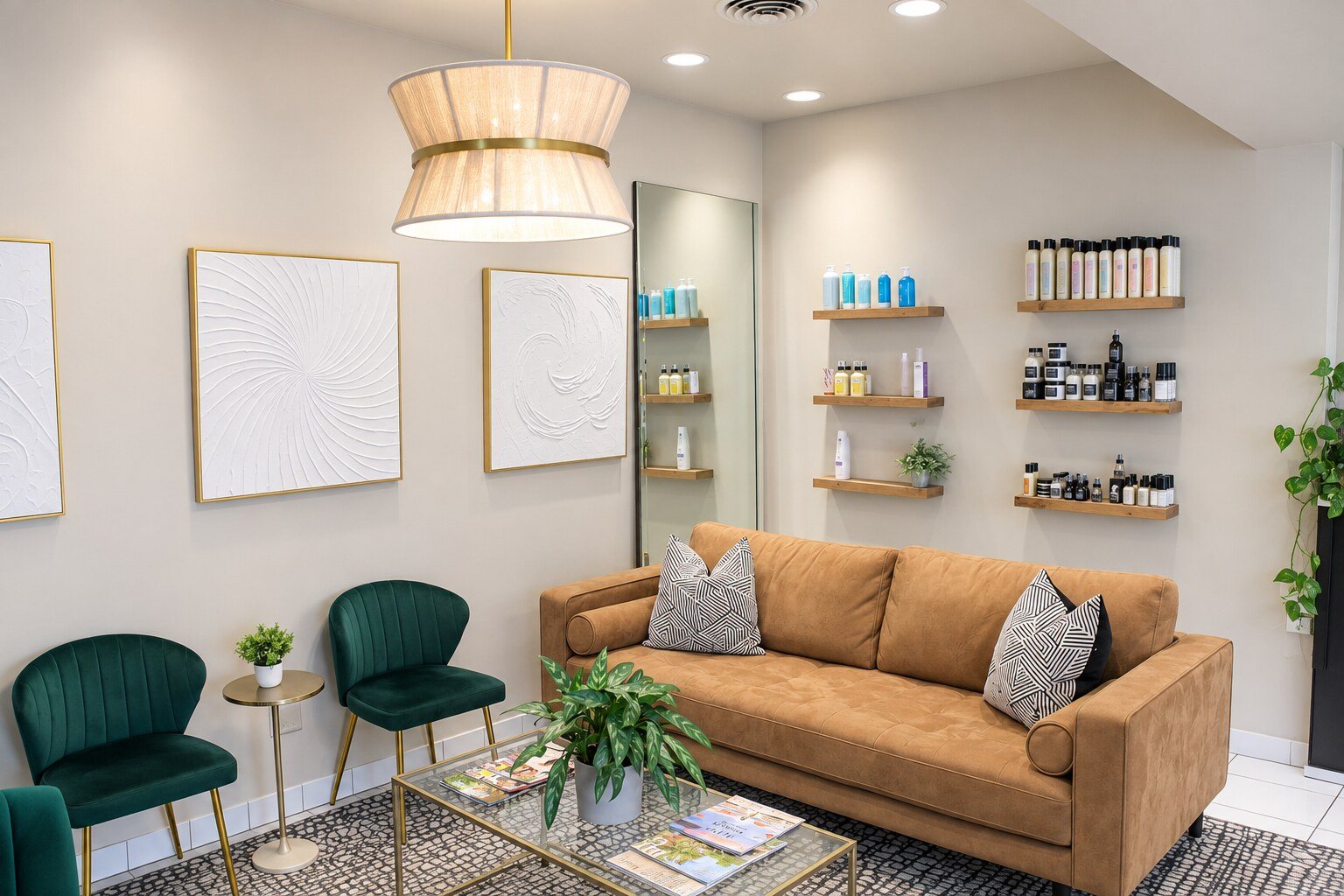 The waiting area, a cognac sofa and green velvet chairs under a woven pendant light
